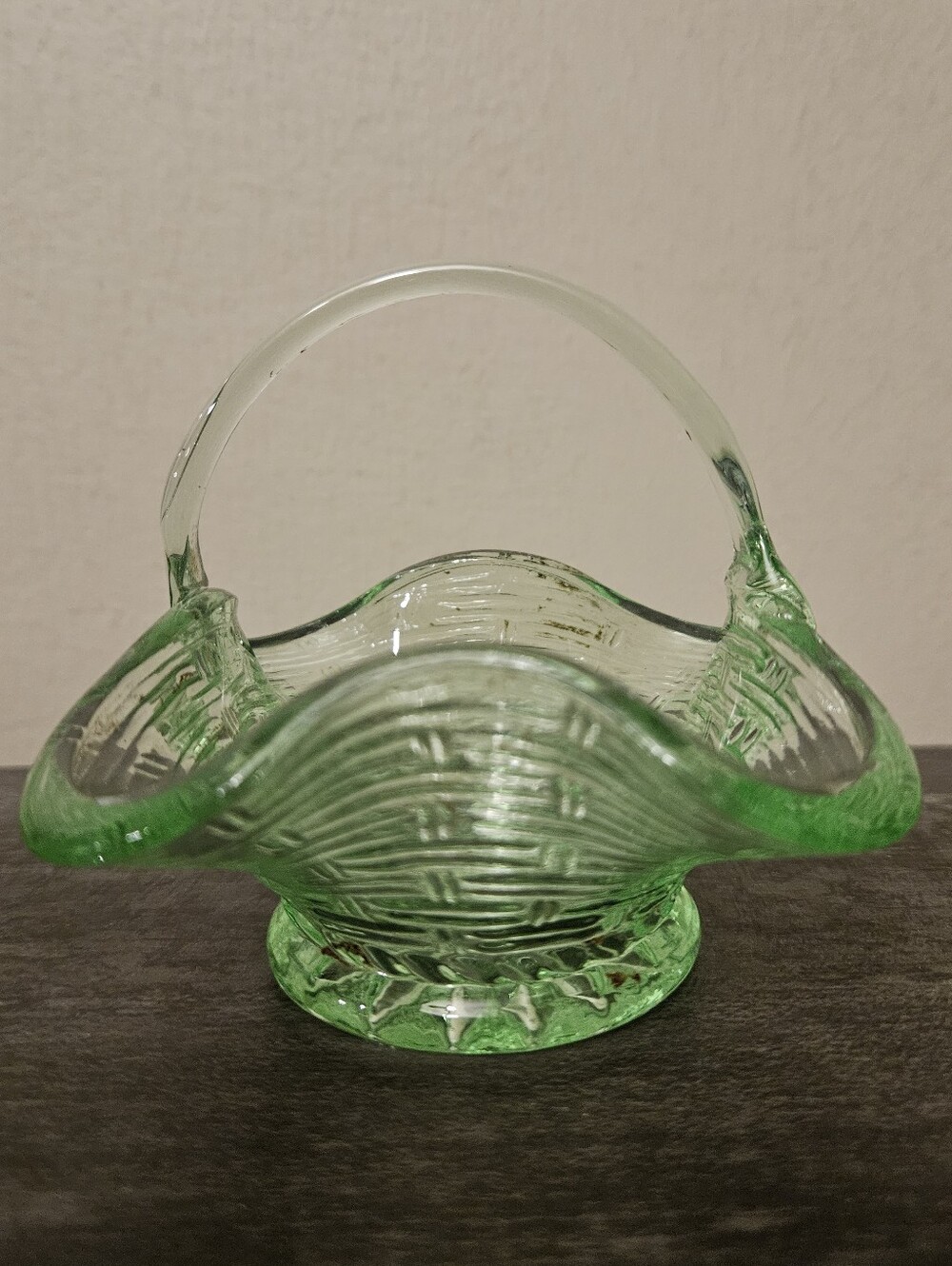 Vintage Green Depression Glass Basketweave Mini Basket Candy Dish